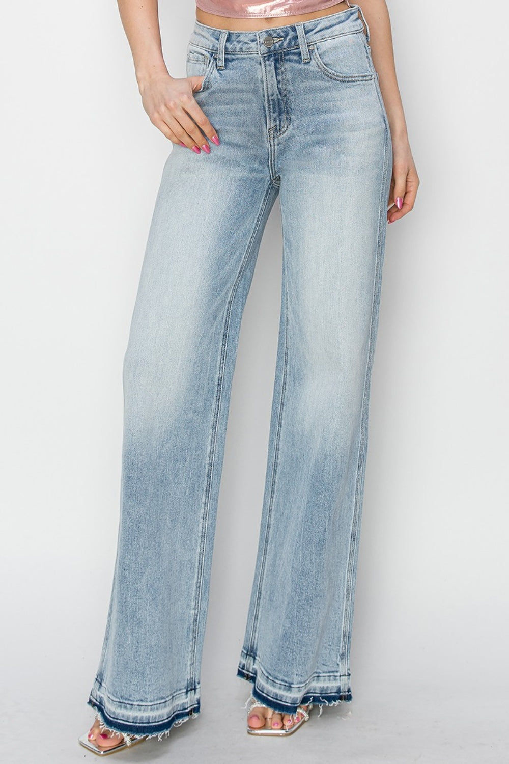 RISEN Full Size High Rise Raw Hem Wide Leg Jeans in Light Wash Blue