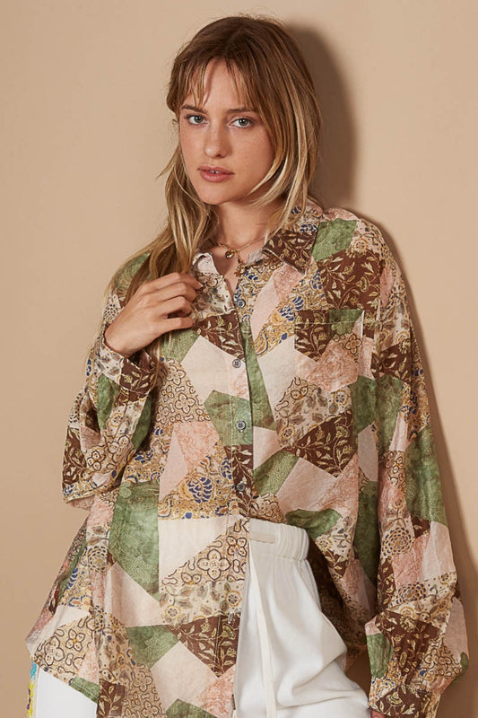 POL Patchwork Print Button-Down Shirt