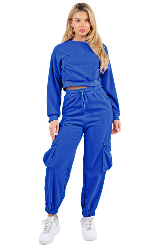 BY CLAUDE TWO PIECE LONG SLEEVE CROP TOP AND CARGO PANTS SWEATSUIT