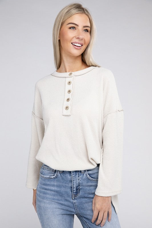 Zenana Slit Hem Bell Sleeve Ribbed Henley Sweater in 5 Colors