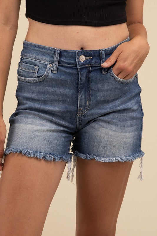 Zenana Mid Rise Raw Hem Denim Shorts