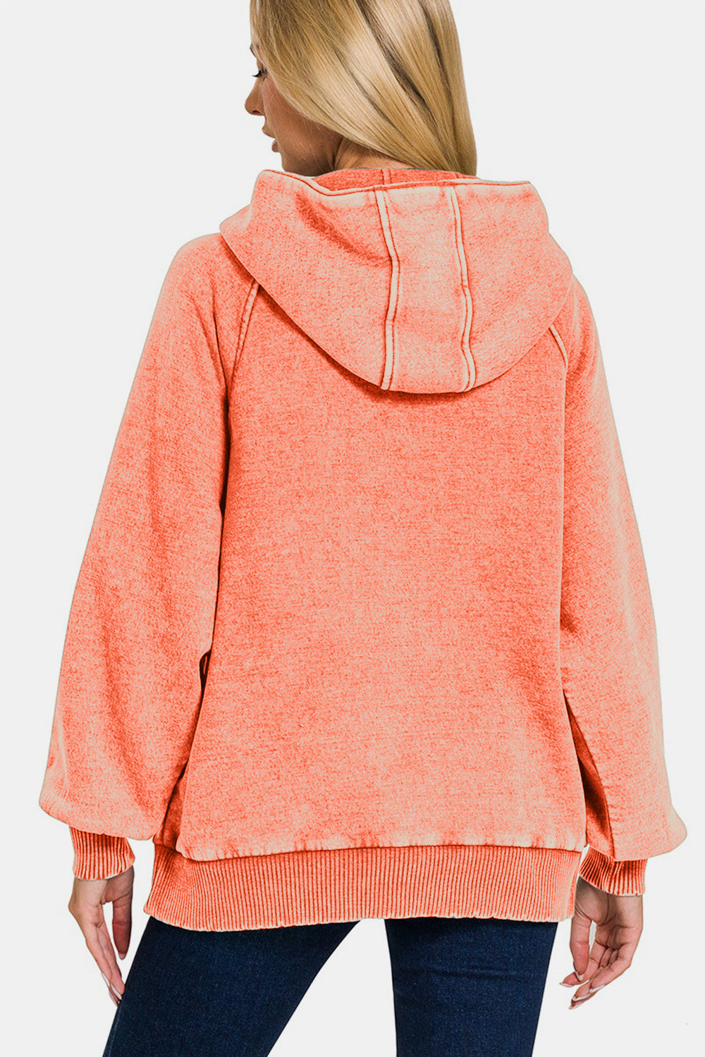 Zenana Acid Wash Half Zip Fleece Kanga Pocket Hoodie Sweatshirt in Coral