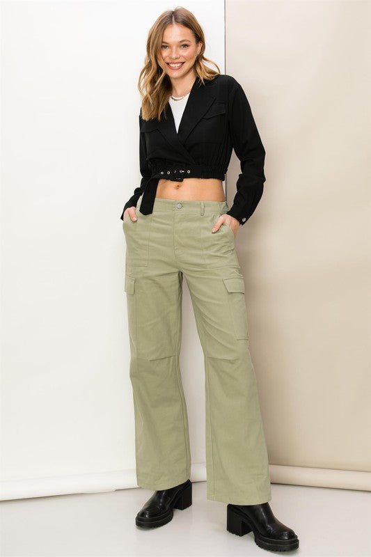 HYFVE Woven Cotton High Waist Cargo Pants in Khaki or Sage in 2 Colors