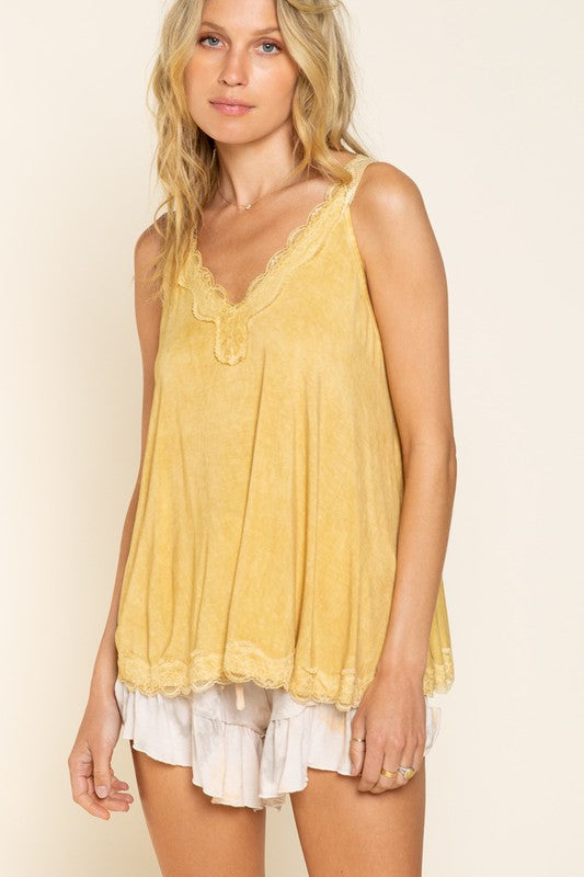 POL Lace Trim Relaxed Fit V-Neck Tank Top with Lace Back Strap in 4 Colors