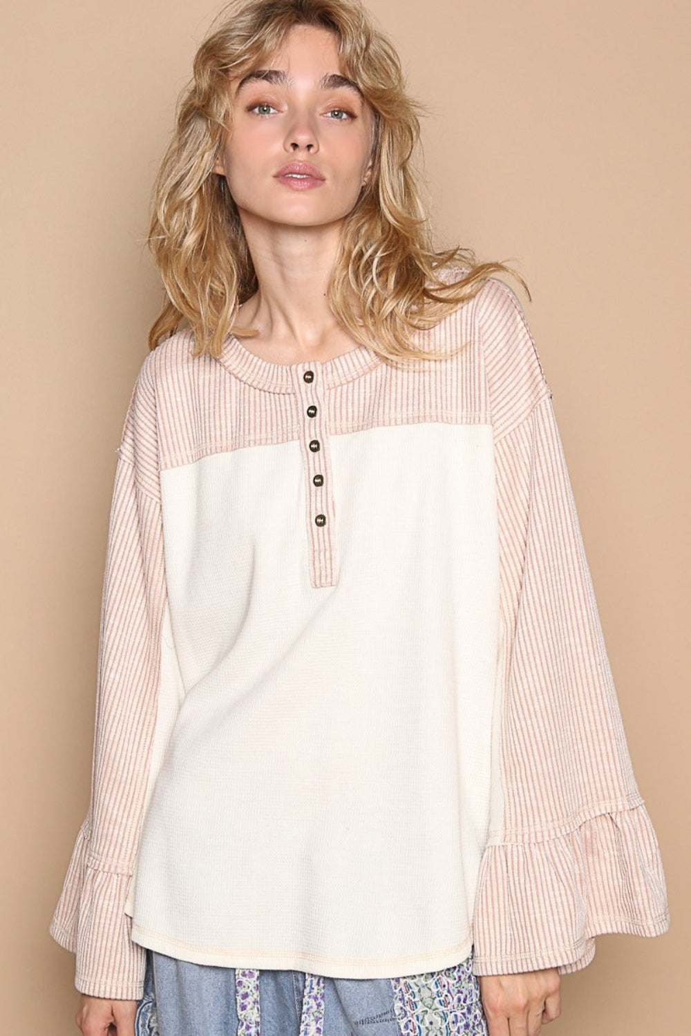 POL Striped Color Block Flounce Sleeve Henley Top in Cream/Pink