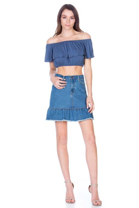 O2 Denim Ruffle Raw Hem Denim Mini Skirt in 3 Colors