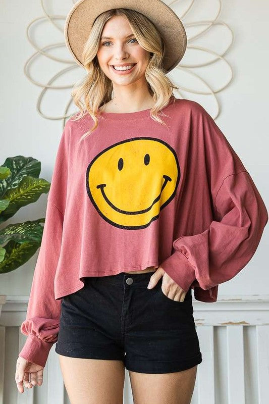 Jade by Jane Plus Size Smiley Face Oversized Long Sleeve Cropped Graphic T-Shirt