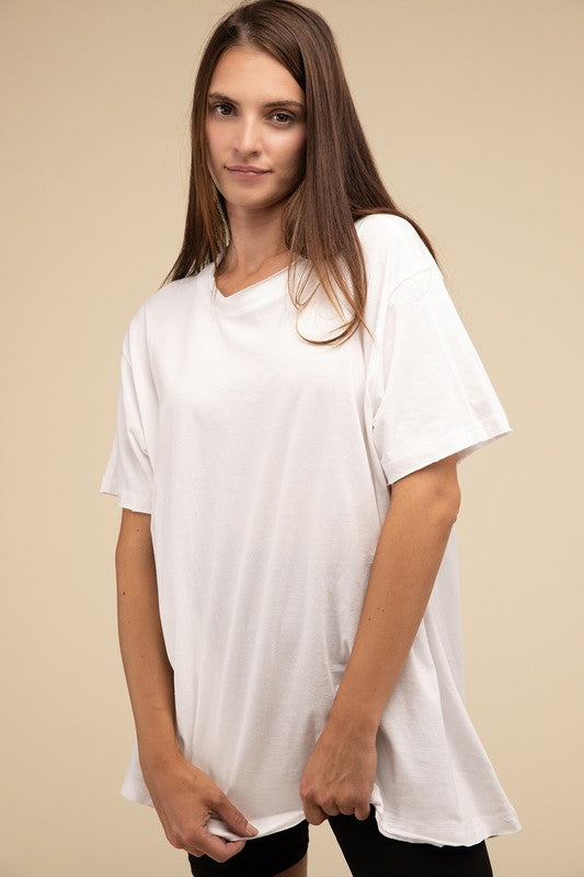 Zenana Oversized Cotton Raw Hem Tunic T-Shirt in Black or White