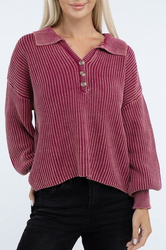 Zenana Color Washed Ribbed Collared Henley V-Neck Sweater in 6 Colors NWT