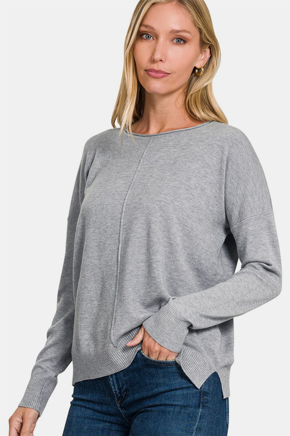 Zenana Front Seam Round Neck Sweater in Heather Gray NWT