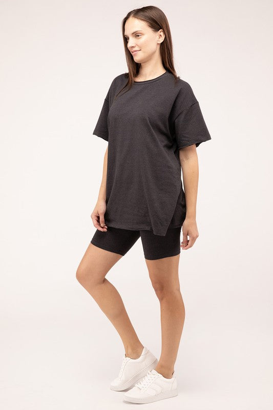 Zenana Cotton Short Sleeve Tee & Biker Shorts Set