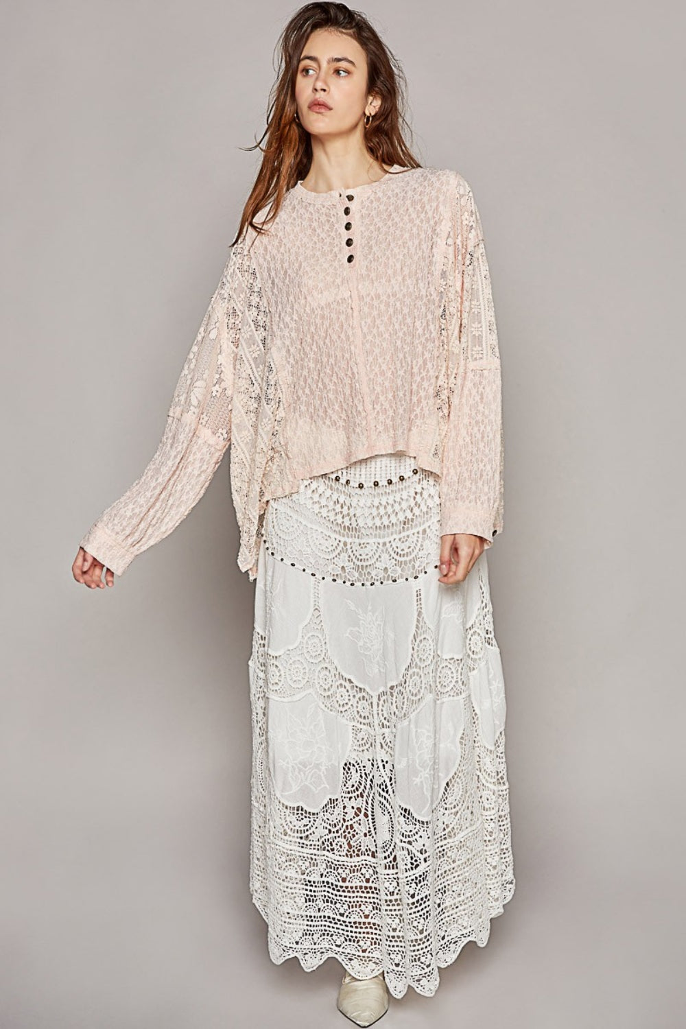 POL Lace Raw Edge Long Sleeve Henley Top