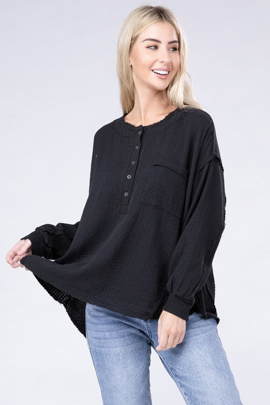 Zenana Double Cotton Gauze Oversized Raw Hem Henley Shirt in 8 Colors