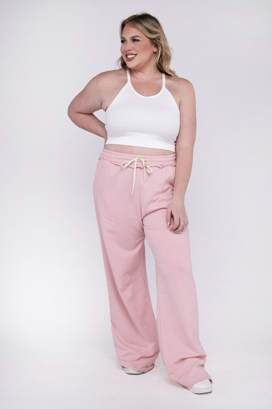 Zenana Plus French Terry Raw Hem Wide Leg Sweatpants in Ash Blue or Dusty Pink