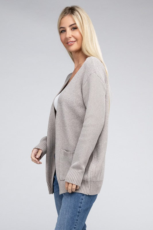 Zenana Melange Open Front Cardigan Sweater with Pockets in 4 Colors