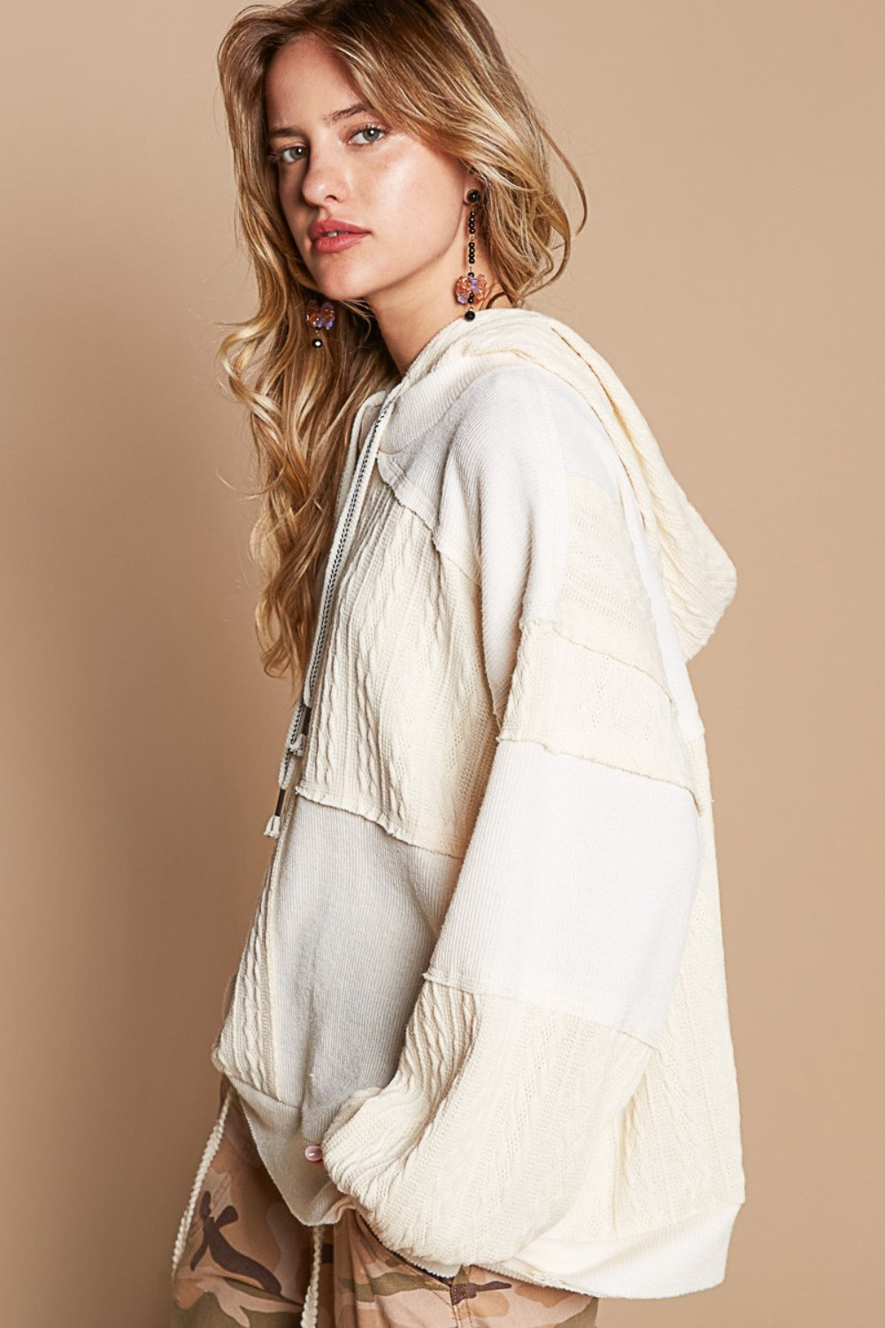 POL Exposed Seam Hooded Knit Top in Cream Mixed Knit Drawstring