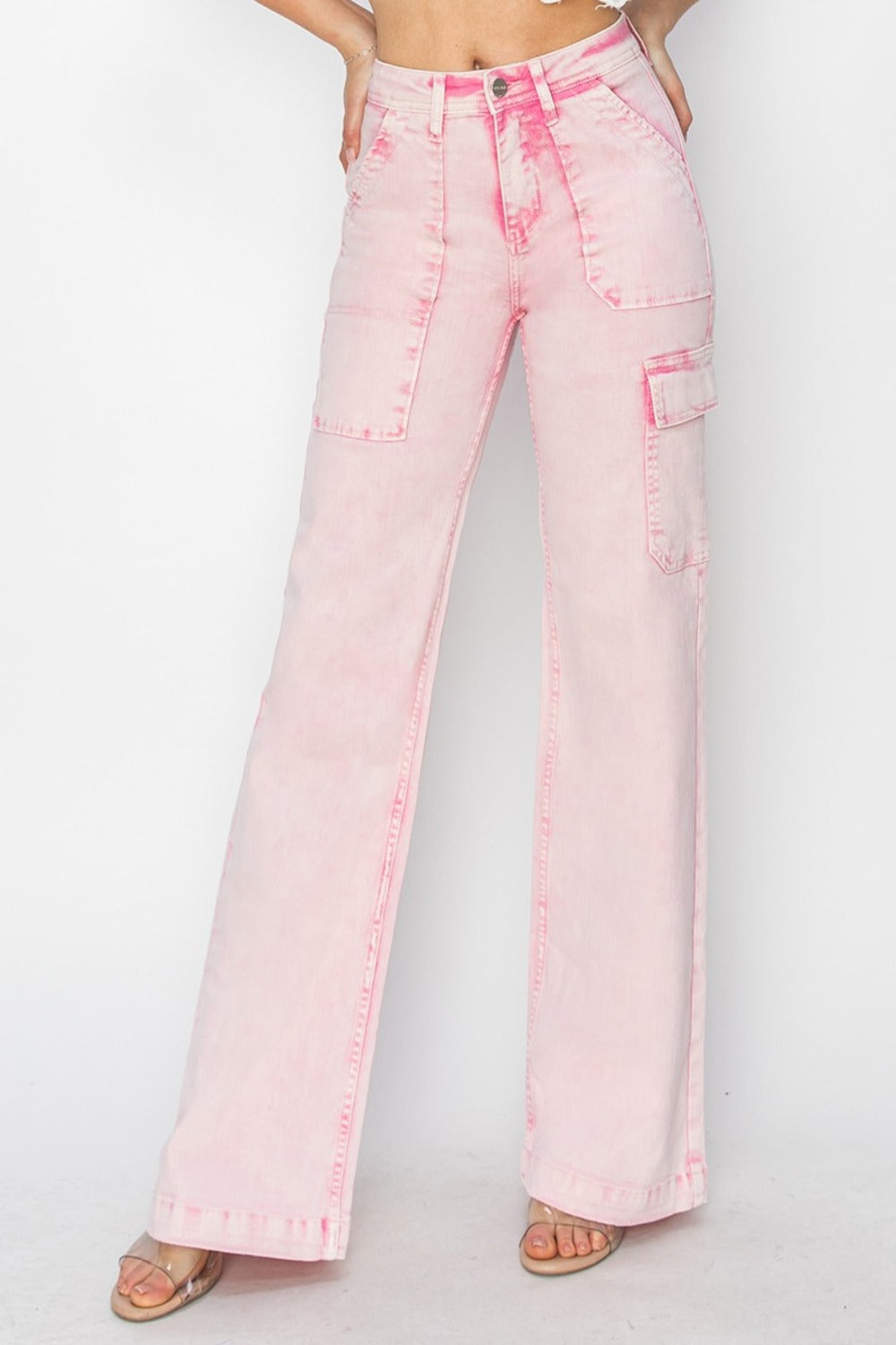 RISEN Full Size High Rise Cargo Pocket Jeans in Acid Wash Light Pink