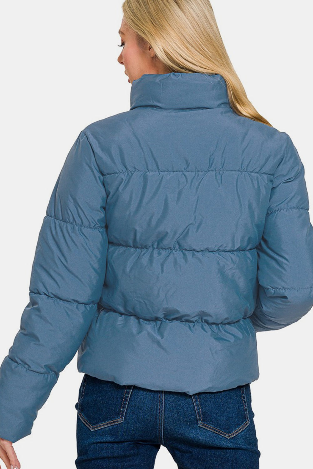 Zenana Stand Collar Zipper Front Quilted Puffer Jacket with Pockets in Dusty Blue NWT