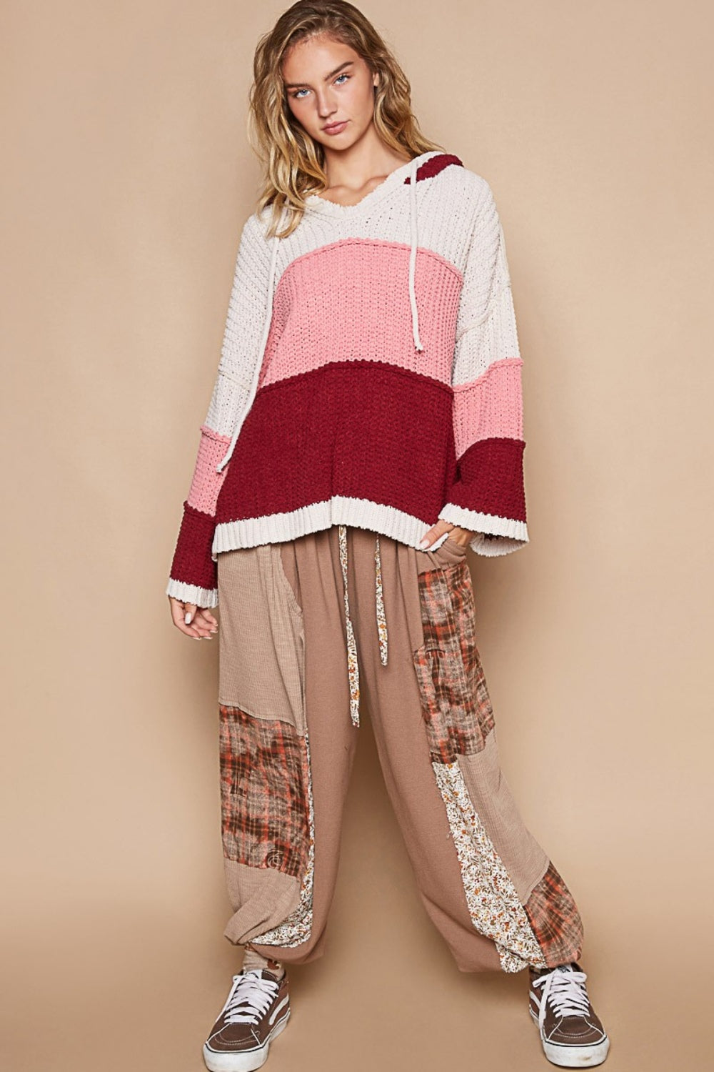 POL Colorblock Bell Sleeve Ribbed Hooded Sweater in Pink Burgundy Multi Relaxed Fit Drawstring