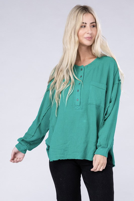 Zenana Double Cotton Gauze Oversized Raw Hem Henley Shirt in 8 Colors