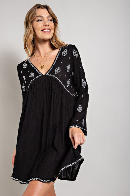 Sweet Generis Embroidered Long Sleeve Surplice Mini Dress in Black