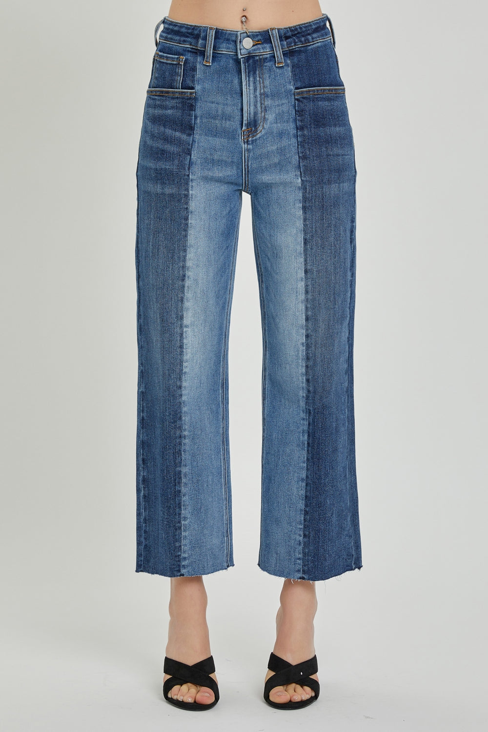 RISEN Two-Tone Straight Leg Mid Rise Jeans