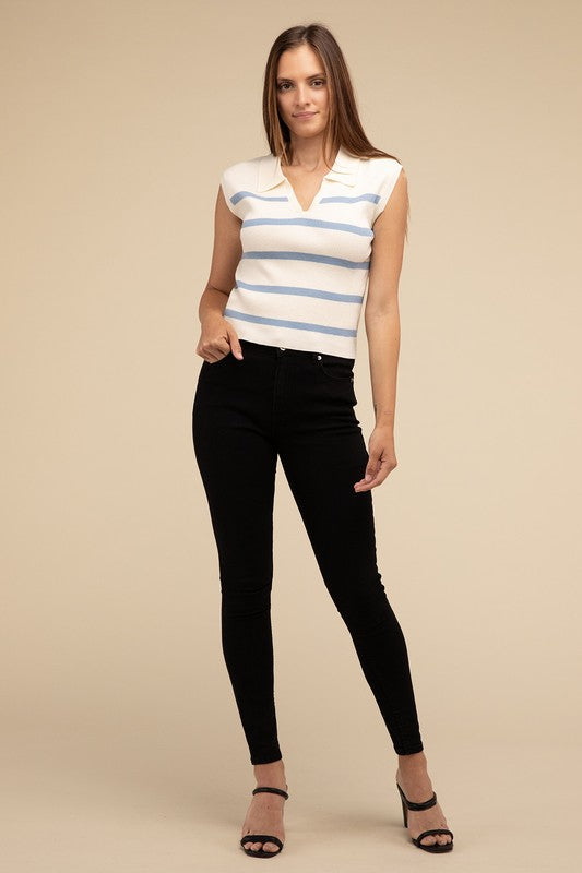 HYFVE Striped Sweater-Knit Cropped Polo Tank Top Top