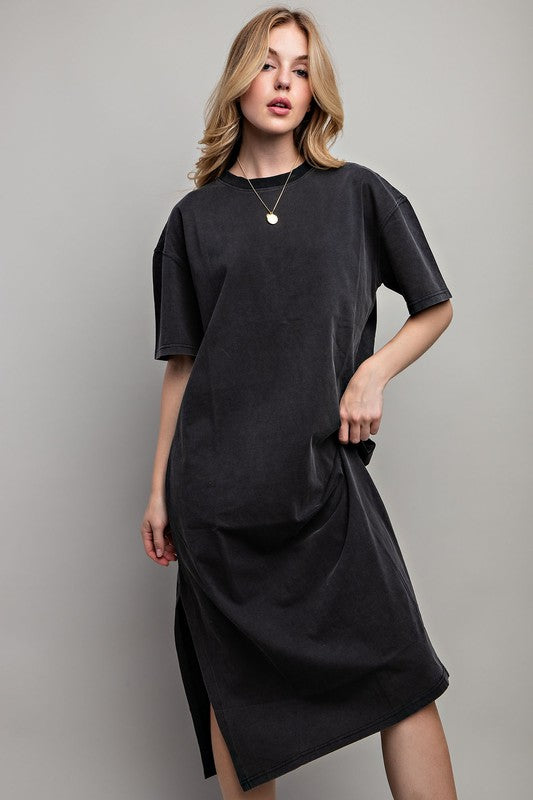 Sweet Generis Washed Cotton Half Sleeve T-Shirt Midi Dress in Charcoal or Taupe