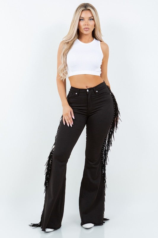 GJG Denim Texas Sun Bell Bottom Fringe Jeans in Black