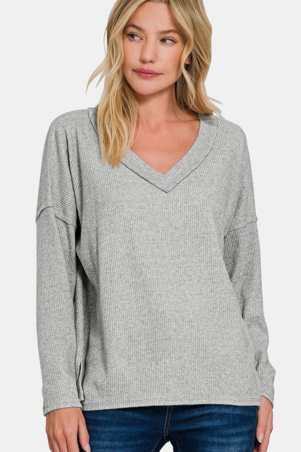 Zenana Exposed Seam Ribbed Long Sleeve V-Neck T-Shirt Top in Sleet Gray NWT