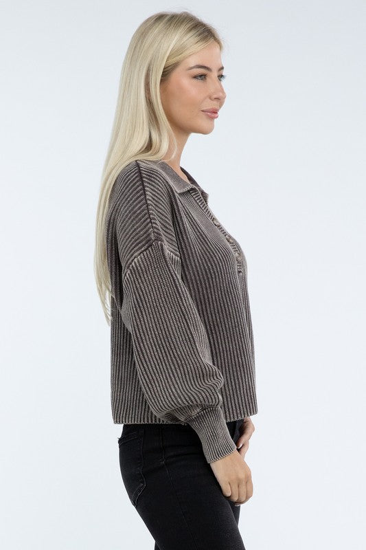 Zenana Color Washed Ribbed Collared Henley V-Neck Sweater in 6 Colors NWT