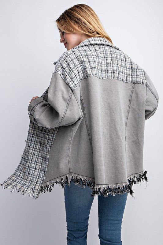 Sweet Generis Oversized Tweed and Denim Shirt Jacket with Fringed Hem