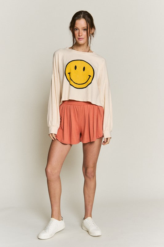 Jade by Jane Plus Size Smiley Face Oversized Long Sleeve Cropped Graphic T-Shirt