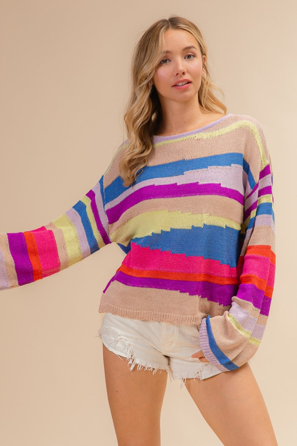 BiBi Geometric Striped Boatneck Sweater in Latte/Blue