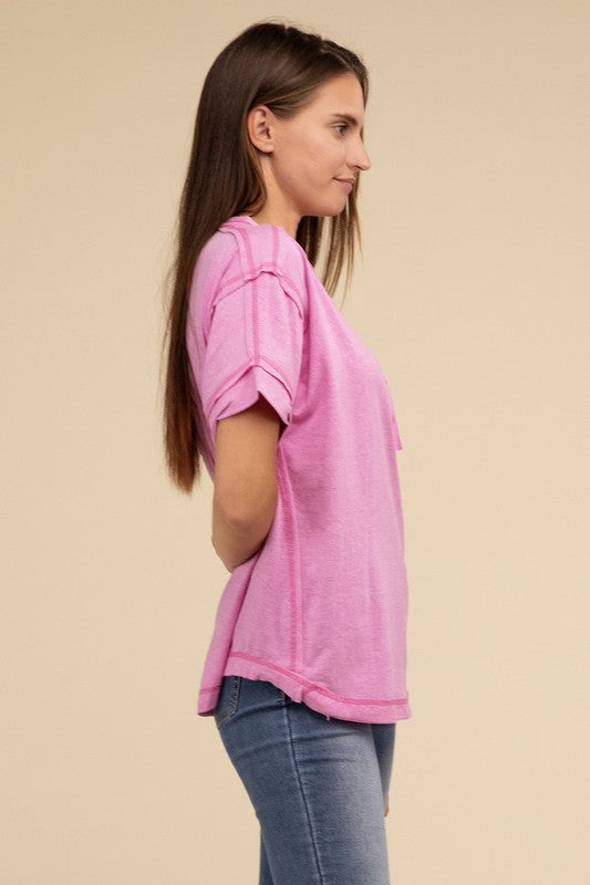 Zenana Cotton Raw Edge Short Sleeve Henley T-Shirt in 4 Colors