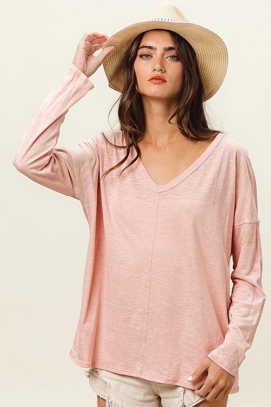 BiBi Exposed Seam Long Sleeve V-Neck T-Shirt in Blush