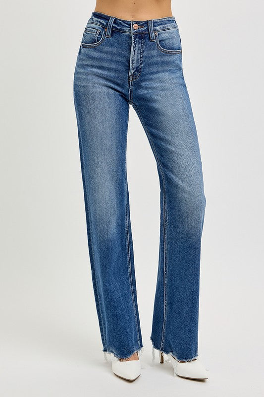 RISEN Tummy Control High Rise Raw Hem Jeans in Dark Wash Blue