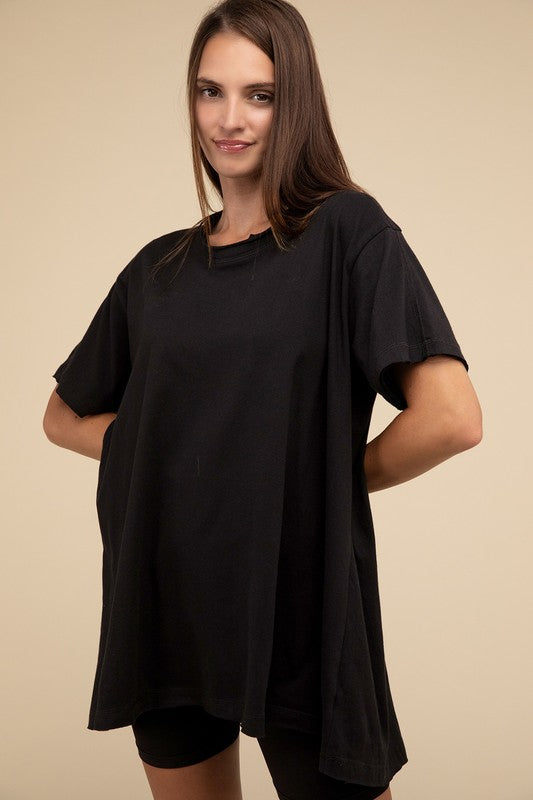 Zenana Oversized Cotton Raw Hem Tunic T-Shirt in Black or White