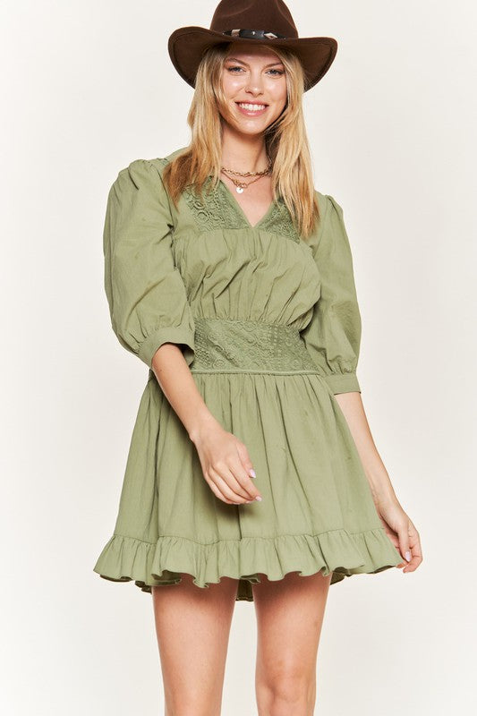 Jade by Jane Plus Cotton Eyelet Detail 3/4 Sleeve V-Neck Mini Dress