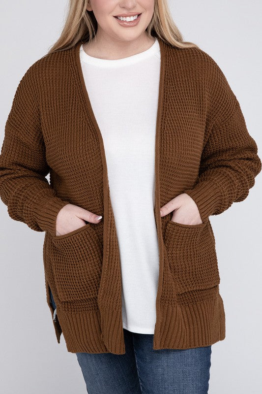 Zenana Plus Waffle-Knit Open Front Tunic Cardigan Sweater with Pockets in 4 Colors