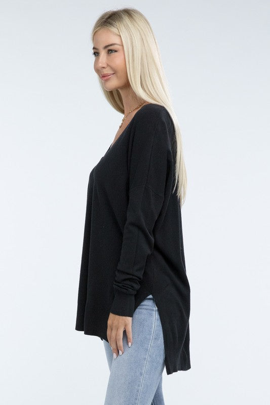 Zenana Front Seam Side Slit V-Neck Tunic Sweater in 5 Colors