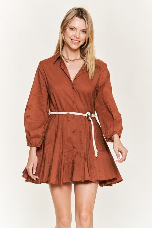 Jade By Jane Flared Hem Long Sleeve Button-Down Mini Shirt Dress in 3 Colors