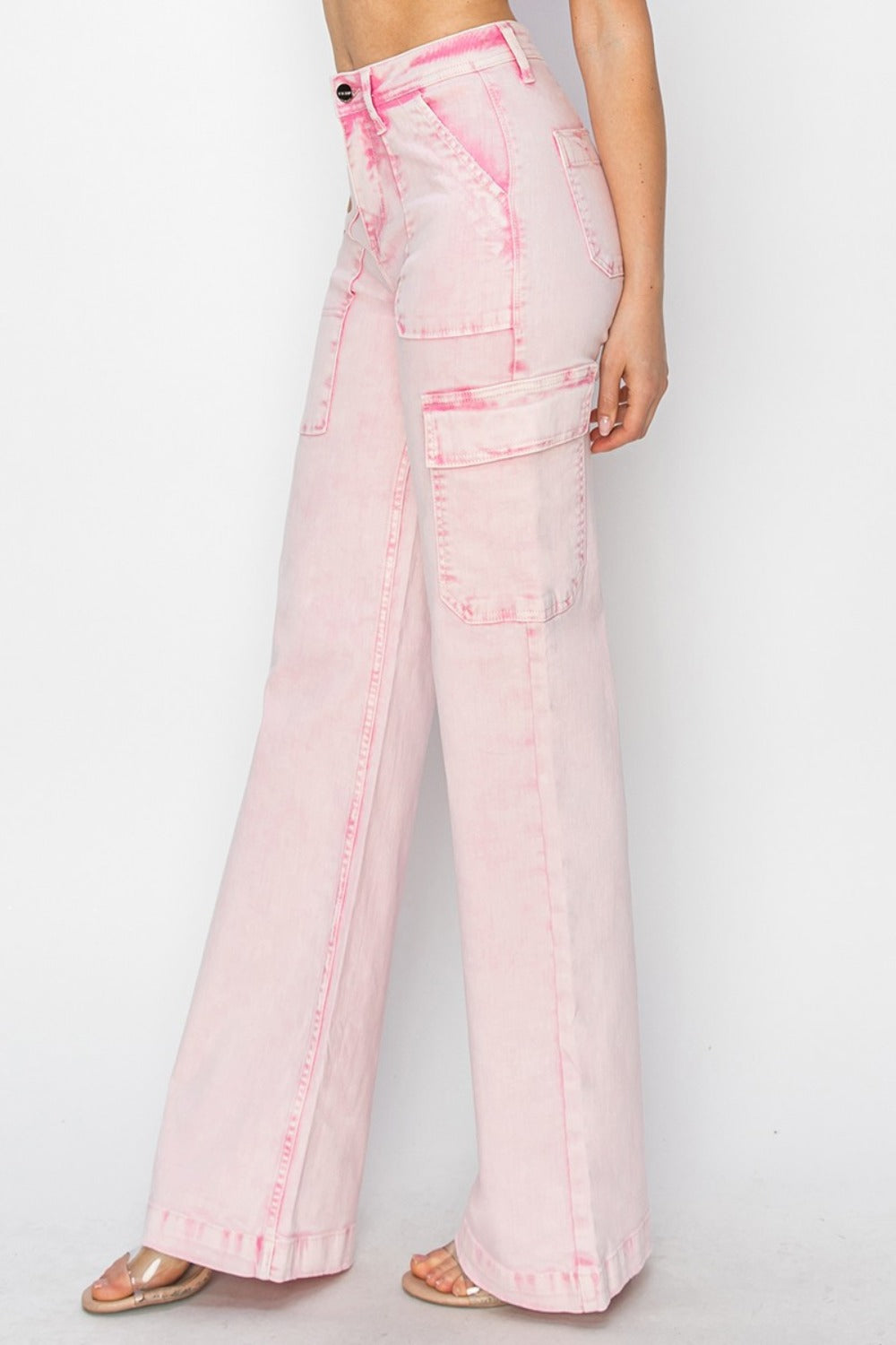 RISEN Full Size High Rise Cargo Pocket Jeans in Acid Wash Light Pink