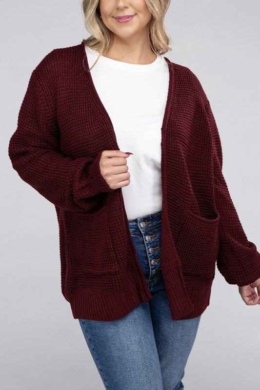 Zenana Plus Waffle-Knit Open Front Tunic Cardigan Sweater with Pockets in 5 Colors