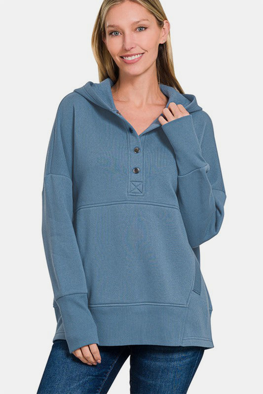 Zenana Half Snap Tunic Hoodie Sweatshirt with Kango Pocket in Dusty Blue NWT