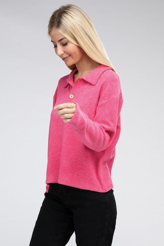 Zenana Brushed Melange Button Front Collared V-Neck Sweater in 5 Colors