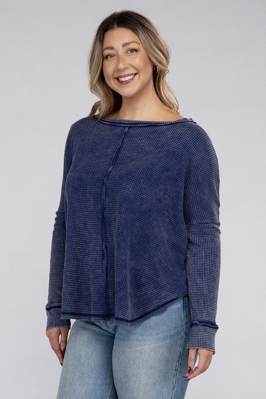 Zenana Plus Color Wash Waffle-Knit Exposed Seam Long Sleeve Boat Neck Top in 2 Colors