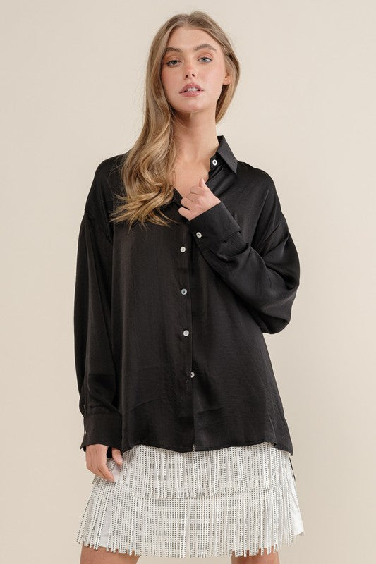 Sweet Generis Satin Long Sleeve Button-Down Top in 6 Colors