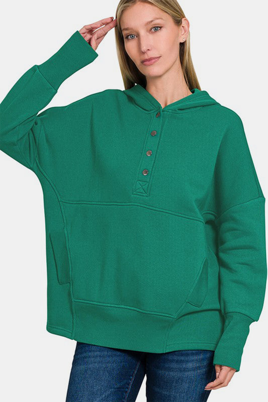 Zenana Half Snap Tunic Hoodie Sweatshirt with Kanga Pocket in Dark Green NWT