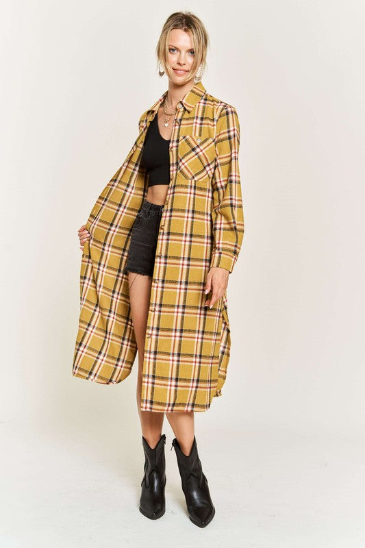 JADE BY JANE PLUS SIZE PLAID LONG SLEEVE BUTTON FRONT MIDI DRESS IN 3 COLORS